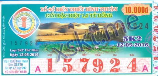 Mẫu vé sô xổ số Bình Thuận ngày 12/5/2016