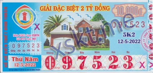 Mẫu vé sô xổ số Bình Thuận ngày 12/5/2022