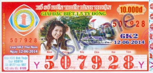 Mẫu vé sô xổ số Bình Thuận ngày 12/6/2014