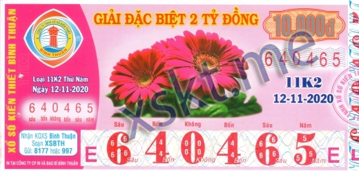 Mẫu vé sô xổ số Bình Thuận ngày 12/11/2020