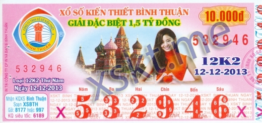 Mẫu vé sô xổ số Bình Thuận ngày 12/12/2013