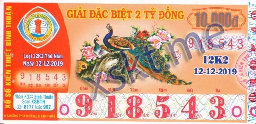 Mẫu vé sô xổ số Bình Thuận ngày 12/12/2019