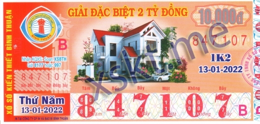 Mẫu vé sô xổ số Bình Thuận ngày 13/1/2022