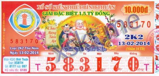 Mẫu vé sô xổ số Bình Thuận ngày 13/2/2014