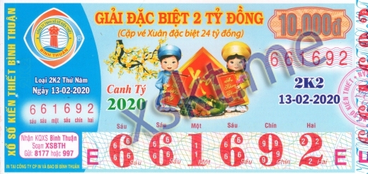 Mẫu vé sô xổ số Bình Thuận ngày 13/2/2020