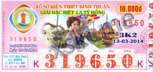 Mẫu vé sô xổ số Bình Thuận ngày 13/3/2014