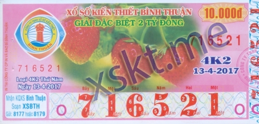 Mẫu vé sô xổ số Bình Thuận ngày 13/4/2017