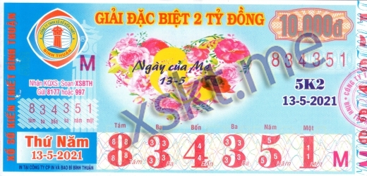 Mẫu vé sô xổ số Bình Thuận ngày 13/5/2021