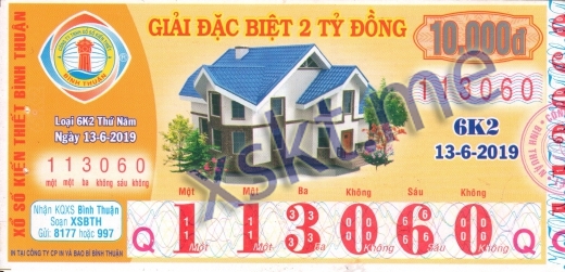Mẫu vé sô xổ số Bình Thuận ngày 13/6/2019