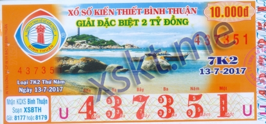 Mẫu vé sô xổ số Bình Thuận ngày 13/7/2017