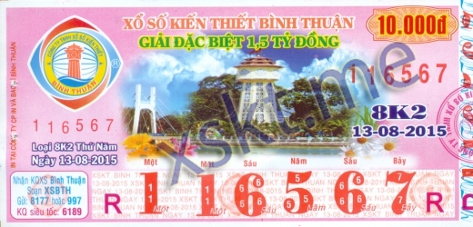 Mẫu vé sô xổ số Bình Thuận ngày 13/8/2015