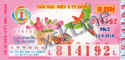 Mẫu vé sô xổ số Bình Thuận ngày 13/9/2018