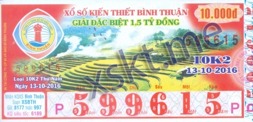 Mẫu vé sô xổ số Bình Thuận ngày 13/10/2016
