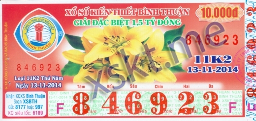 Mẫu vé sô xổ số Bình Thuận ngày 13/11/2014