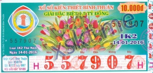 Mẫu vé sô xổ số Bình Thuận ngày 14/1/2016