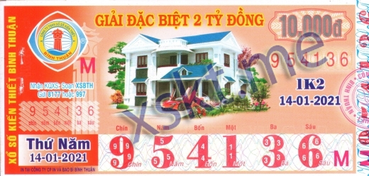 Mẫu vé sô xổ số Bình Thuận ngày 14/1/2021