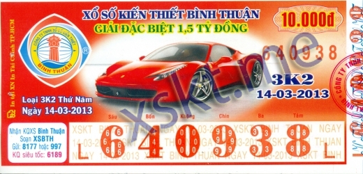 Mẫu vé sô xổ số Bình Thuận ngày 14/3/2013
