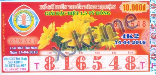 Mẫu vé sô xổ số Bình Thuận ngày 14/4/2016