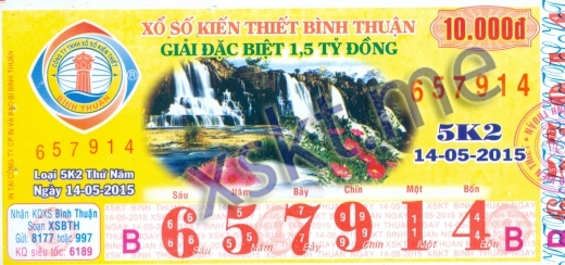 Mẫu vé sô xổ số Bình Thuận ngày 14/5/2015