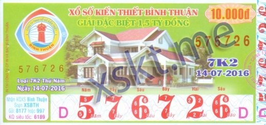 Mẫu vé sô xổ số Bình Thuận ngày 14/7/2016