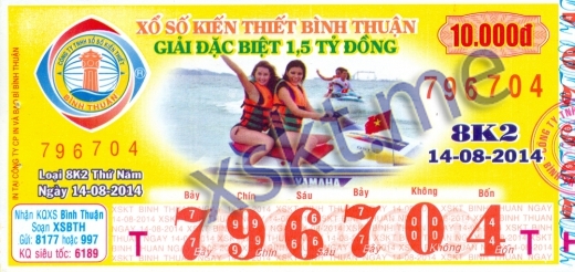 Mẫu vé sô xổ số Bình Thuận ngày 14/8/2014