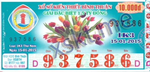 Mẫu vé sô xổ số Bình Thuận ngày 15/1/2015