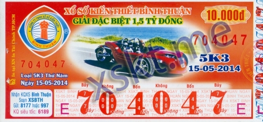 Mẫu vé sô xổ số Bình Thuận ngày 15/5/2014