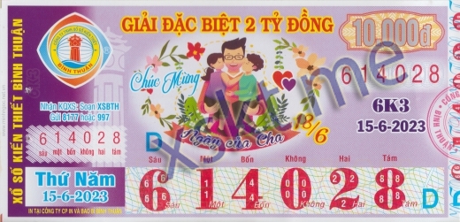 Mẫu vé sô xổ số Bình Thuận ngày 15/6/2023