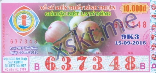 Mẫu vé sô xổ số Bình Thuận ngày 15/9/2016