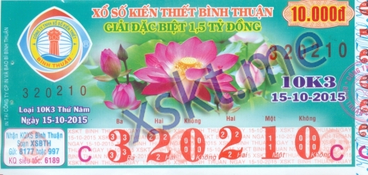 Mẫu vé sô xổ số Bình Thuận ngày 15/10/2015