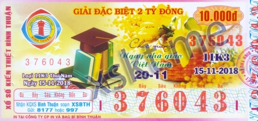 Mẫu vé sô xổ số Bình Thuận ngày 15/11/2018