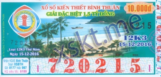 Mẫu vé sô xổ số Bình Thuận ngày 15/12/2016
