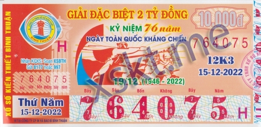 Mẫu vé sô xổ số Bình Thuận ngày 15/12/2022