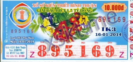 Mẫu vé sô xổ số Bình Thuận ngày 16/1/2014