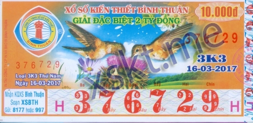 Mẫu vé sô xổ số Bình Thuận ngày 16/3/2017