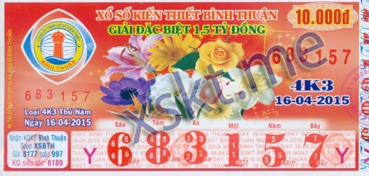 Mẫu vé sô xổ số Bình Thuận ngày 16/4/2015