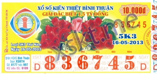 Mẫu vé sô xổ số Bình Thuận ngày 16/5/2013