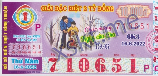Mẫu vé sô xổ số Bình Thuận ngày 16/6/2022