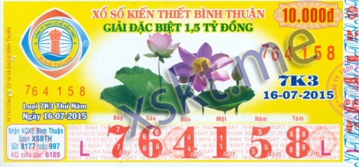 Mẫu vé sô xổ số Bình Thuận ngày 16/7/2015