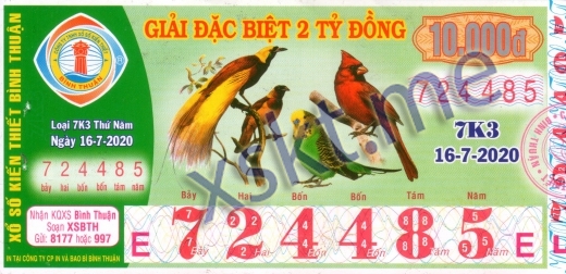 Mẫu vé sô xổ số Bình Thuận ngày 16/7/2020