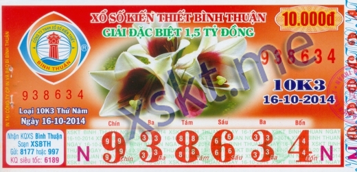 Mẫu vé sô xổ số Bình Thuận ngày 16/10/2014