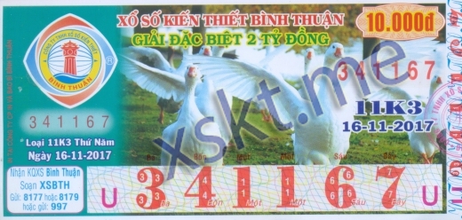 Mẫu vé sô xổ số Bình Thuận ngày 16/11/2017
