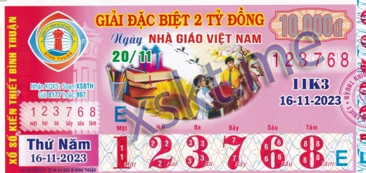 Mẫu vé sô xổ số Bình Thuận ngày 16/11/2023