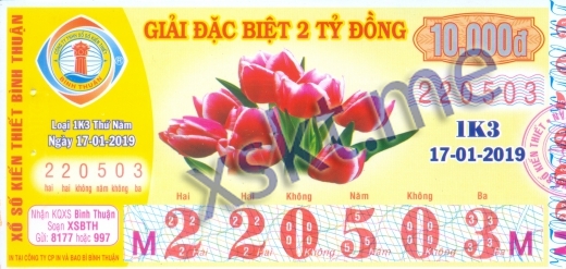 Mẫu vé sô xổ số Bình Thuận ngày 17/1/2019