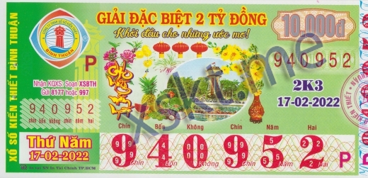 Mẫu vé sô xổ số Bình Thuận ngày 17/2/2022