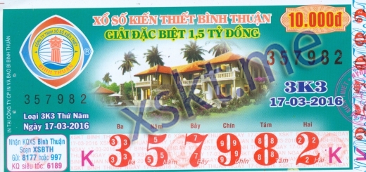 Mẫu vé sô xổ số Bình Thuận ngày 17/3/2016
