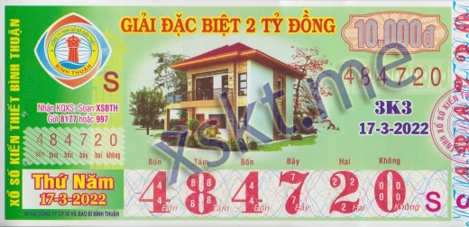 Mẫu vé sô xổ số Bình Thuận ngày 17/3/2022