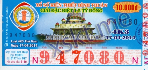 Mẫu vé sô xổ số Bình Thuận ngày 17/4/2014