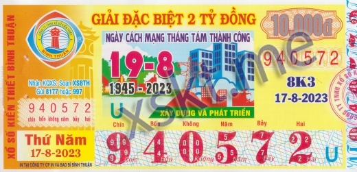 Mẫu vé sô xổ số Bình Thuận ngày 17/8/2023