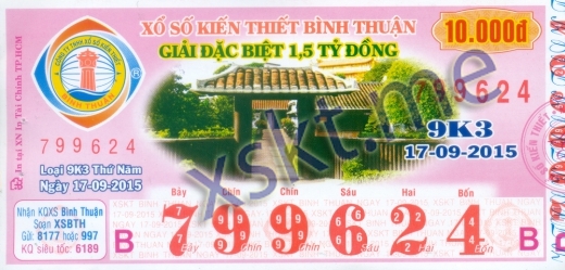 Mẫu vé sô xổ số Bình Thuận ngày 17/9/2015